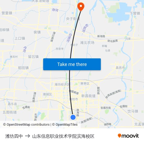潍坊四中 to 山东信息职业技术学院滨海校区 map