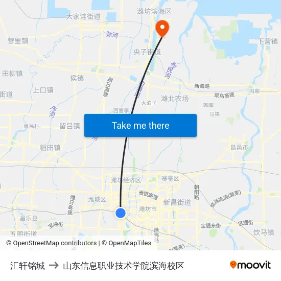 汇轩铭城 to 山东信息职业技术学院滨海校区 map