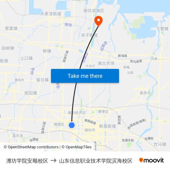潍坊学院安顺校区 to 山东信息职业技术学院滨海校区 map
