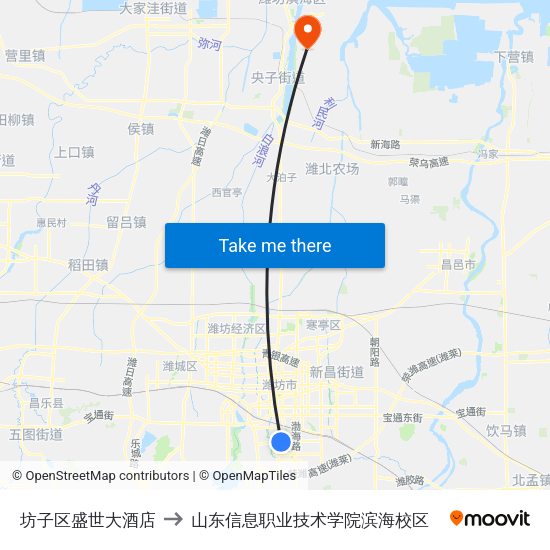 坊子区盛世大酒店 to 山东信息职业技术学院滨海校区 map