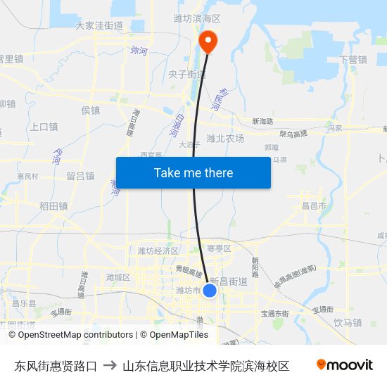 东风街惠贤路口 to 山东信息职业技术学院滨海校区 map