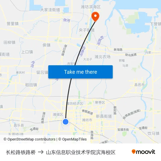 长松路铁路桥 to 山东信息职业技术学院滨海校区 map