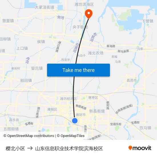 樱北小区 to 山东信息职业技术学院滨海校区 map