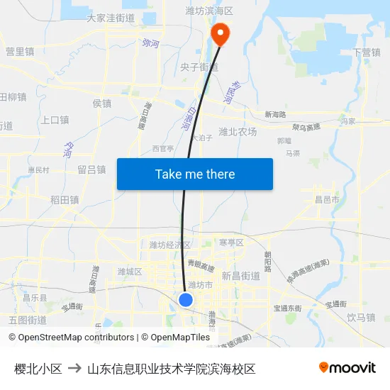 樱北小区 to 山东信息职业技术学院滨海校区 map