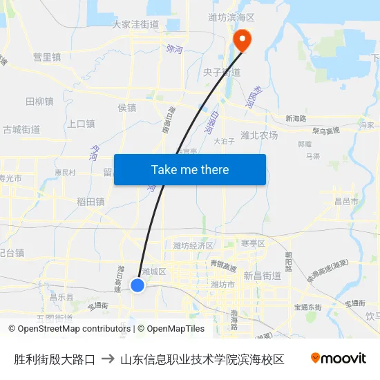 胜利街殷大路口 to 山东信息职业技术学院滨海校区 map