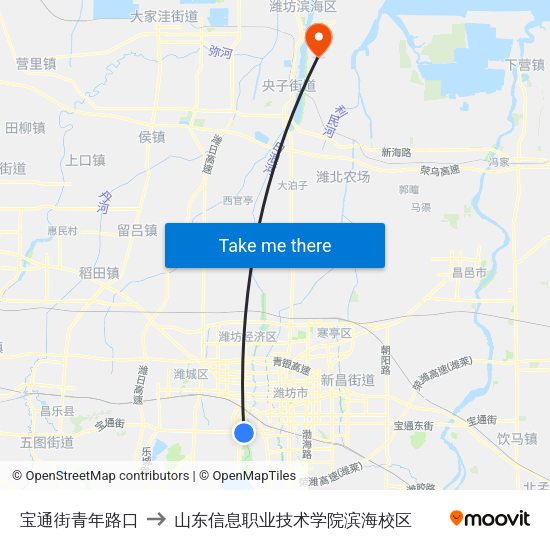 宝通街青年路口 to 山东信息职业技术学院滨海校区 map