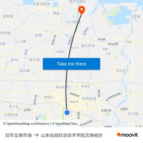 旧车交易市场 to 山东信息职业技术学院滨海校区 map