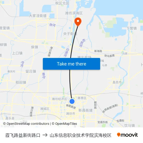 霞飞路益新街路口 to 山东信息职业技术学院滨海校区 map