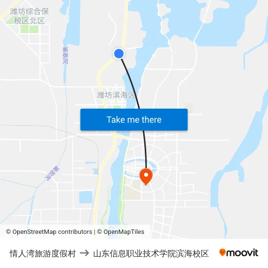 情人湾旅游度假村 to 山东信息职业技术学院滨海校区 map