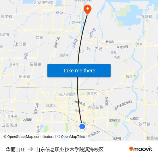 华丽山庄 to 山东信息职业技术学院滨海校区 map