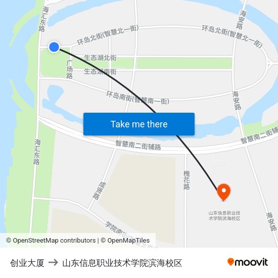 创业大厦 to 山东信息职业技术学院滨海校区 map