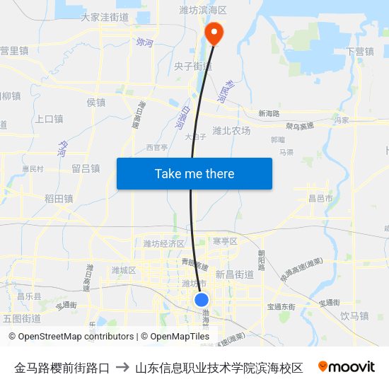 金马路樱前街路口 to 山东信息职业技术学院滨海校区 map
