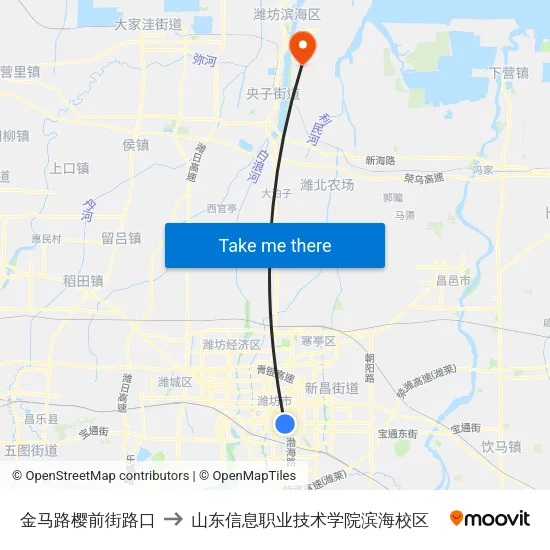 金马路樱前街路口 to 山东信息职业技术学院滨海校区 map