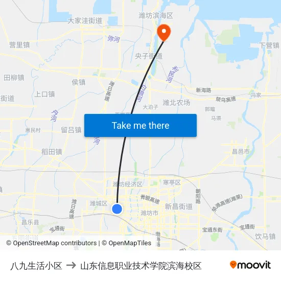 八九生活小区 to 山东信息职业技术学院滨海校区 map