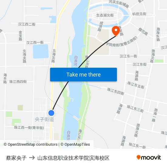 蔡家央子 to 山东信息职业技术学院滨海校区 map