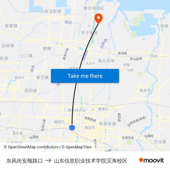 东风街安顺路口 to 山东信息职业技术学院滨海校区 map
