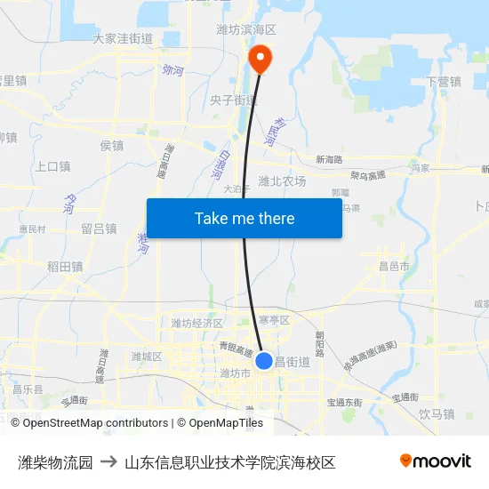 潍柴物流园 to 山东信息职业技术学院滨海校区 map