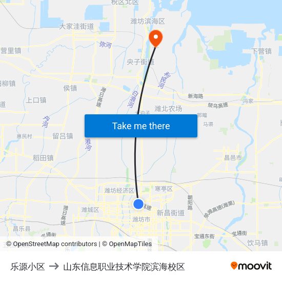 乐源小区 to 山东信息职业技术学院滨海校区 map