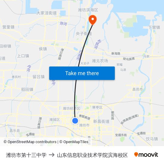 潍坊市第十三中学 to 山东信息职业技术学院滨海校区 map