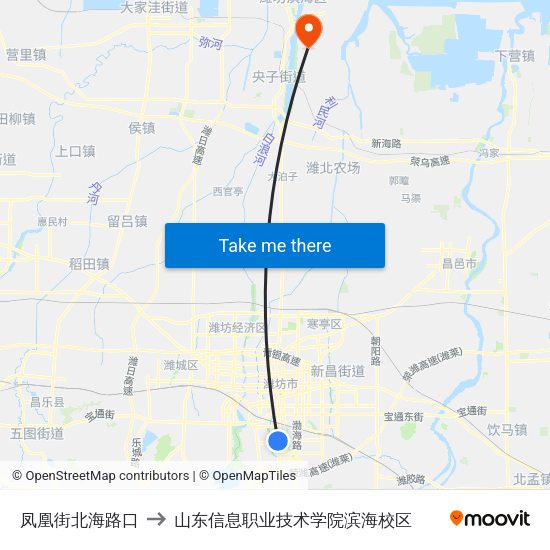 凤凰街北海路口 to 山东信息职业技术学院滨海校区 map
