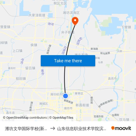 潍坊文华国际学校(新校区) to 山东信息职业技术学院滨海校区 map