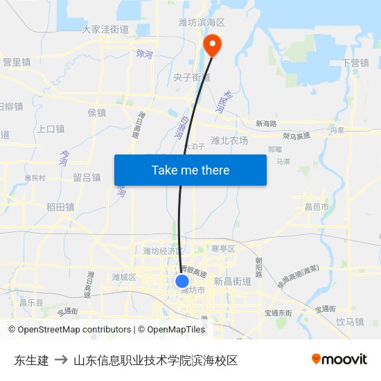 东生建 to 山东信息职业技术学院滨海校区 map