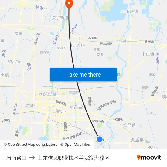 眉南路口 to 山东信息职业技术学院滨海校区 map