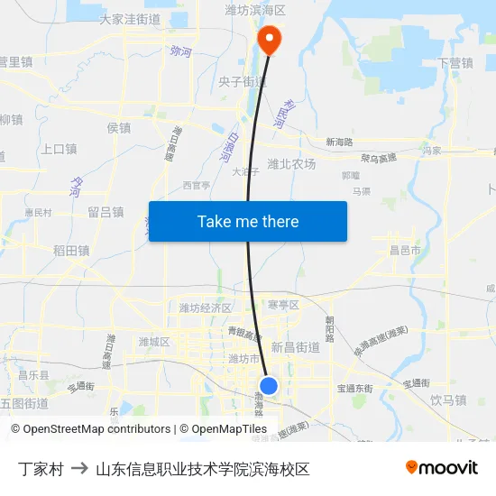 丁家村 to 山东信息职业技术学院滨海校区 map