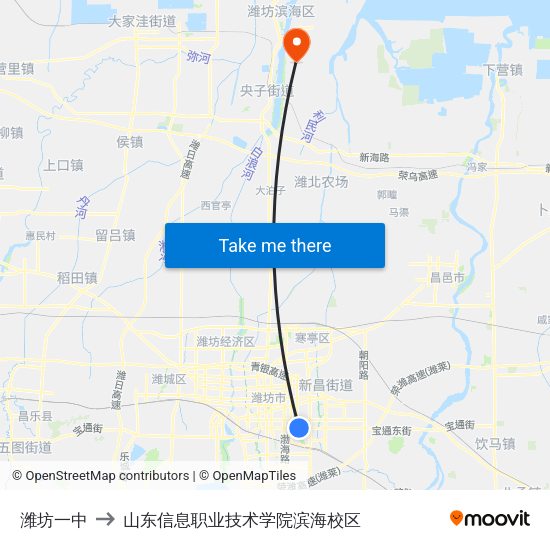 潍坊一中 to 山东信息职业技术学院滨海校区 map