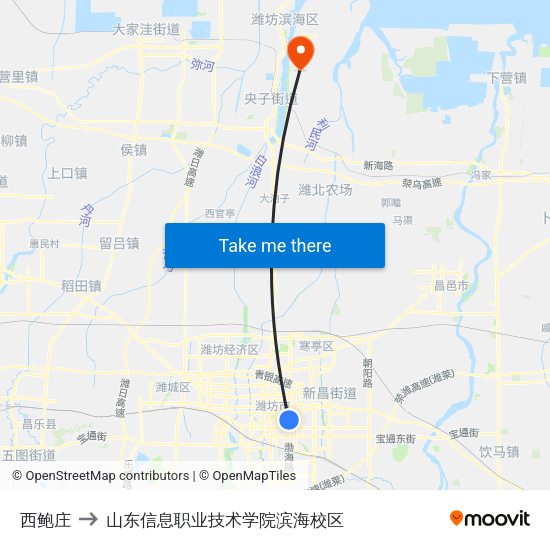 西鲍庄 to 山东信息职业技术学院滨海校区 map