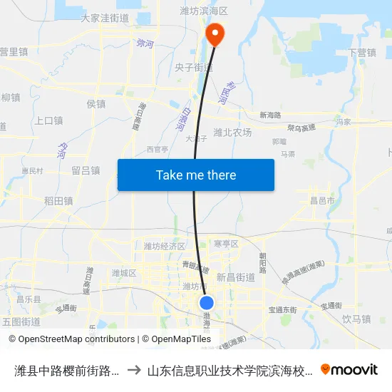 潍县中路樱前街路口 to 山东信息职业技术学院滨海校区 map