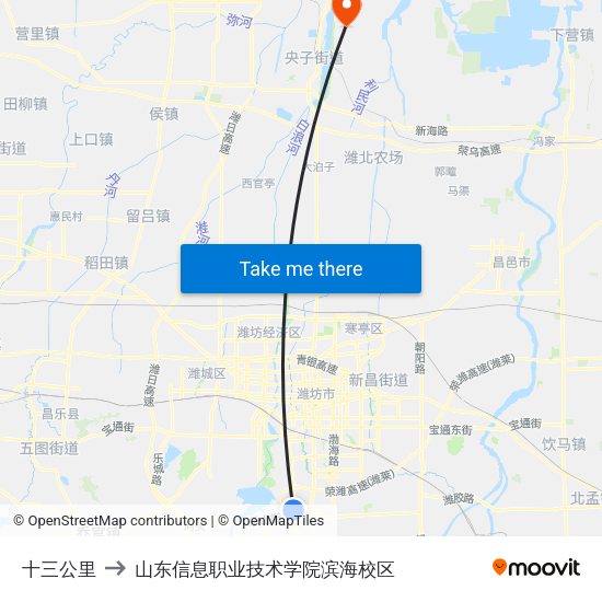 十三公里 to 山东信息职业技术学院滨海校区 map