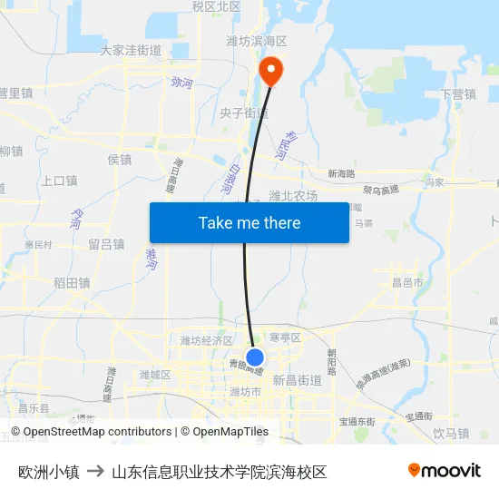 欧洲小镇 to 山东信息职业技术学院滨海校区 map
