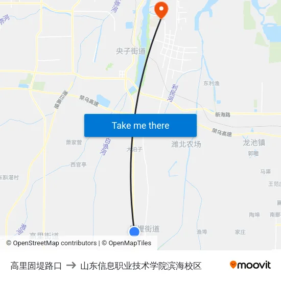 高里固堤路口 to 山东信息职业技术学院滨海校区 map