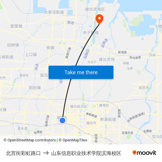 北宫街彩虹路口 to 山东信息职业技术学院滨海校区 map