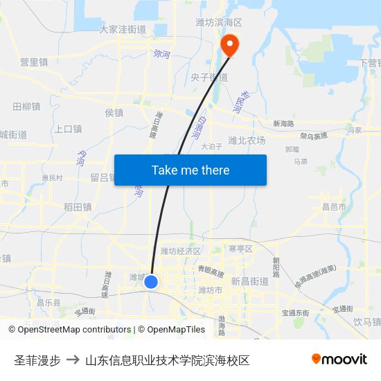 圣菲漫步 to 山东信息职业技术学院滨海校区 map