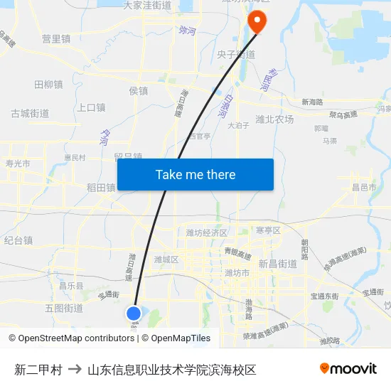 新二甲村 to 山东信息职业技术学院滨海校区 map