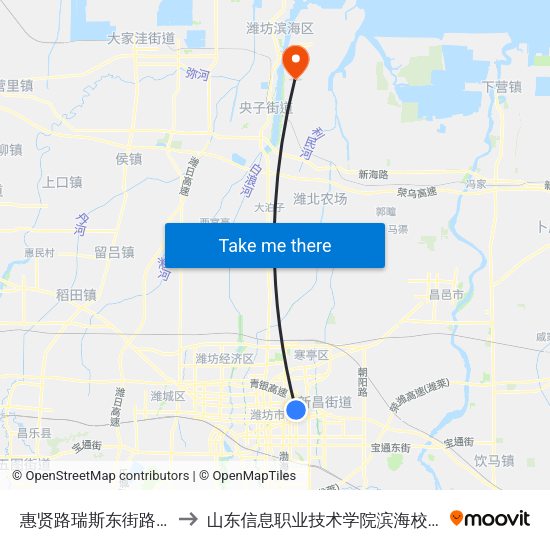 惠贤路瑞斯东街路口 to 山东信息职业技术学院滨海校区 map
