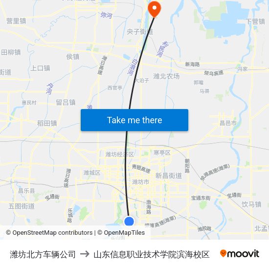 潍坊北方车辆公司 to 山东信息职业技术学院滨海校区 map