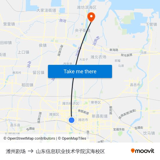 潍州剧场 to 山东信息职业技术学院滨海校区 map