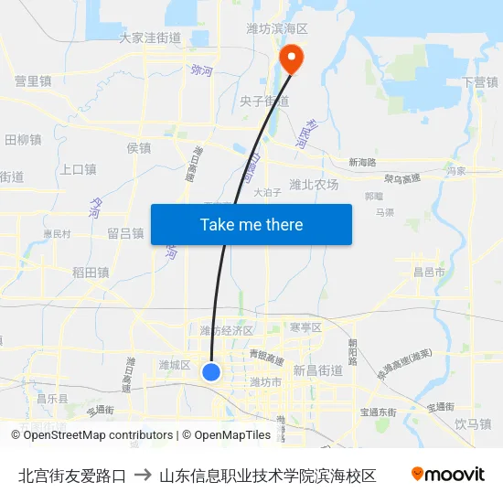 北宫街友爱路口 to 山东信息职业技术学院滨海校区 map