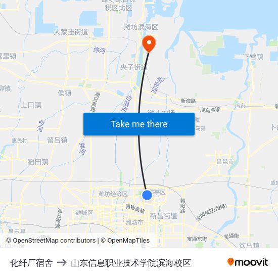化纤厂宿舍 to 山东信息职业技术学院滨海校区 map