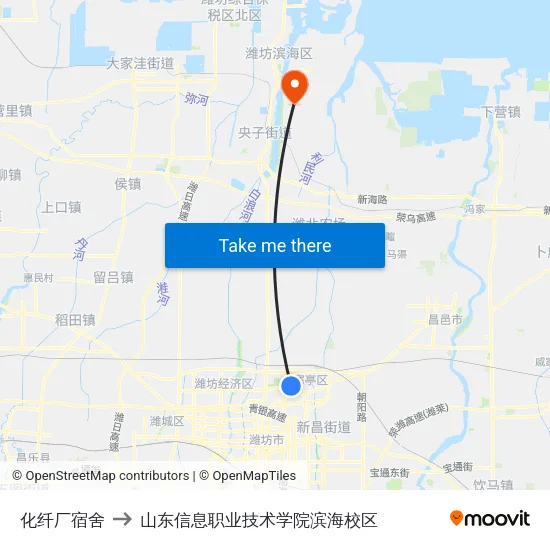 化纤厂宿舍 to 山东信息职业技术学院滨海校区 map