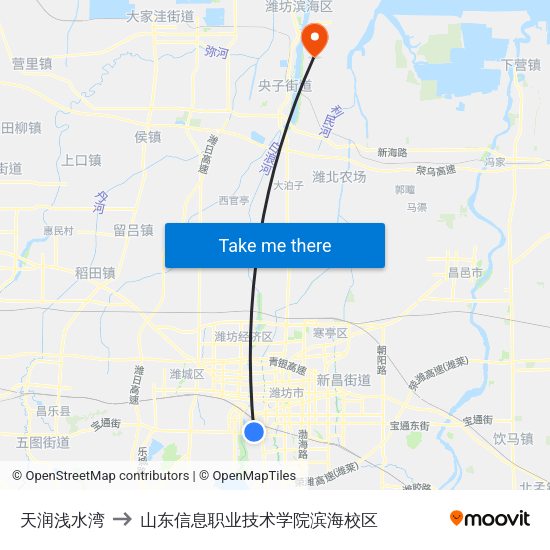 天润浅水湾 to 山东信息职业技术学院滨海校区 map