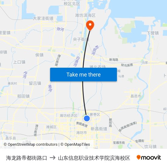 海龙路帝都街路口 to 山东信息职业技术学院滨海校区 map