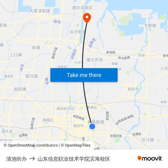 清池街办 to 山东信息职业技术学院滨海校区 map