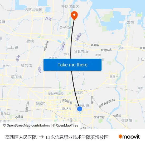 高新区人民医院 to 山东信息职业技术学院滨海校区 map