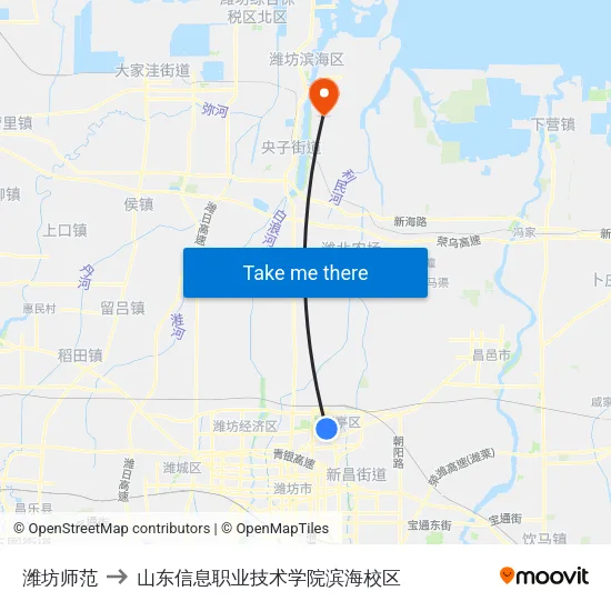 潍坊师范 to 山东信息职业技术学院滨海校区 map