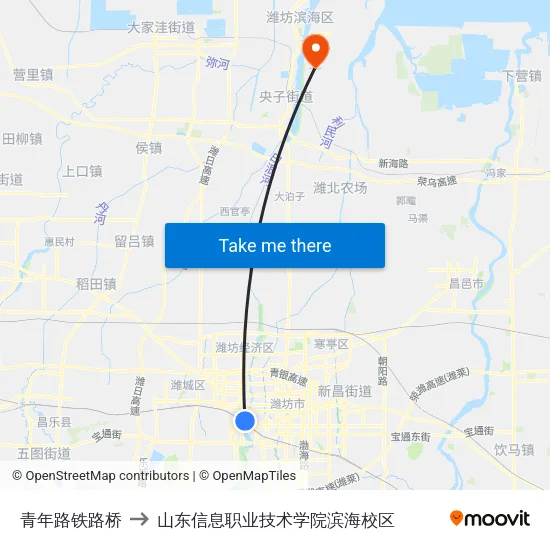 青年路铁路桥 to 山东信息职业技术学院滨海校区 map