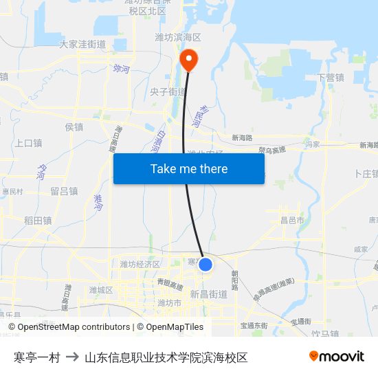 寒亭一村 to 山东信息职业技术学院滨海校区 map